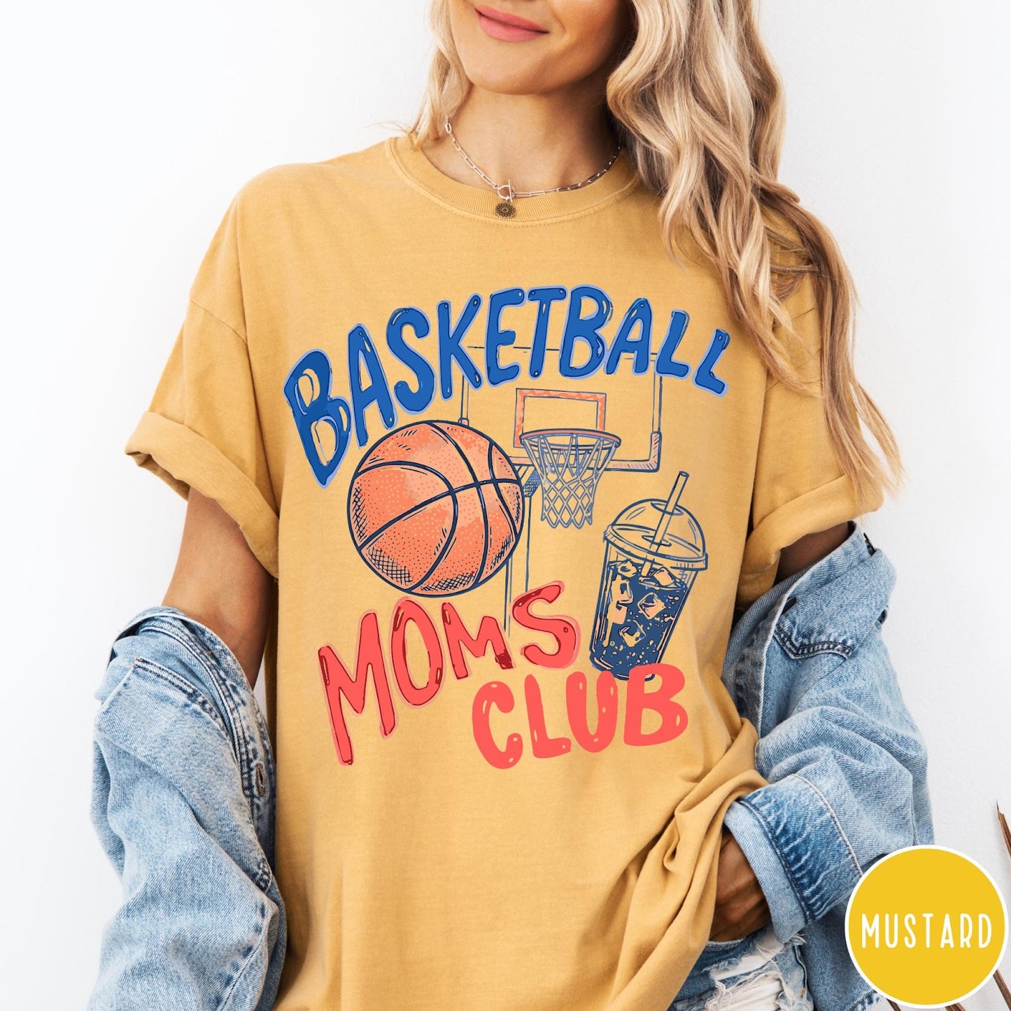 Comfort Colors tee in Mustard featuring basketball mom life graphic with basketball, hoop, and iced coffee drink