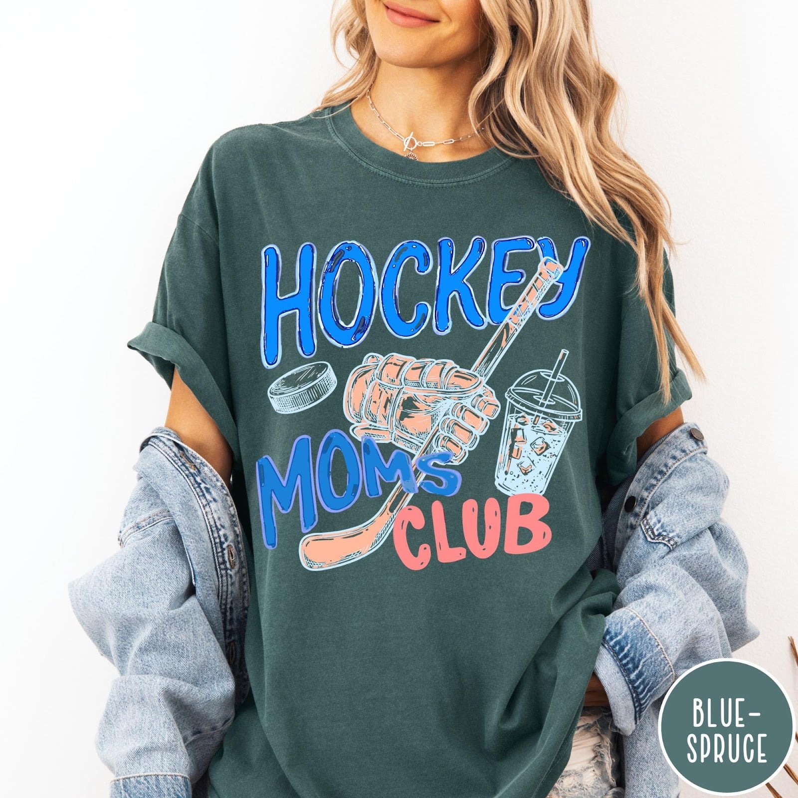 Comfort Colors tee in Blue Spruce featuring lifestyle graphic design with hockey glove, stick, puck, and iced coffee