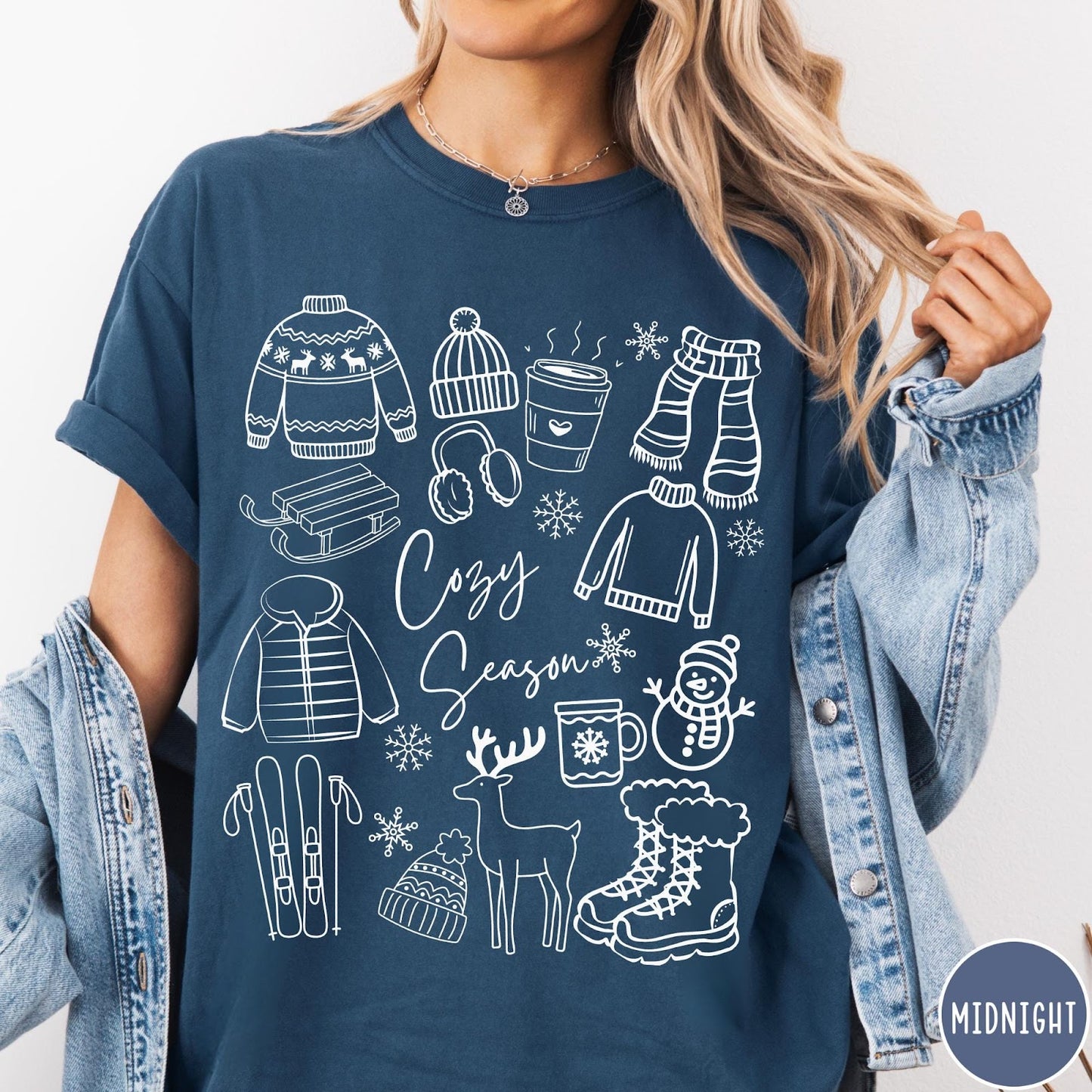 Comfort Colors tee in Midnight featuring line art winter activities and seasonal items graphic design